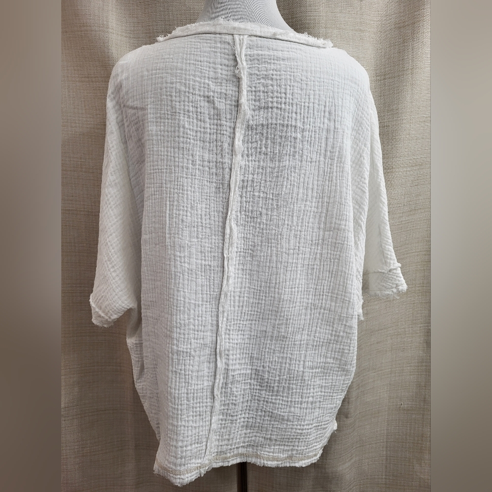 La Miel Women's Shirt White Textured Gauze Short Sleeve Rustic Hem Oversized Sm - Picture 3 of 12